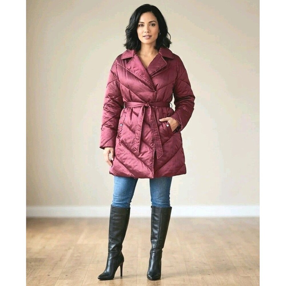 NWT Ava & Viv Women 1X Berry Burgundy Quilted Wrap Jacket Belted Puffer CoatSnap
